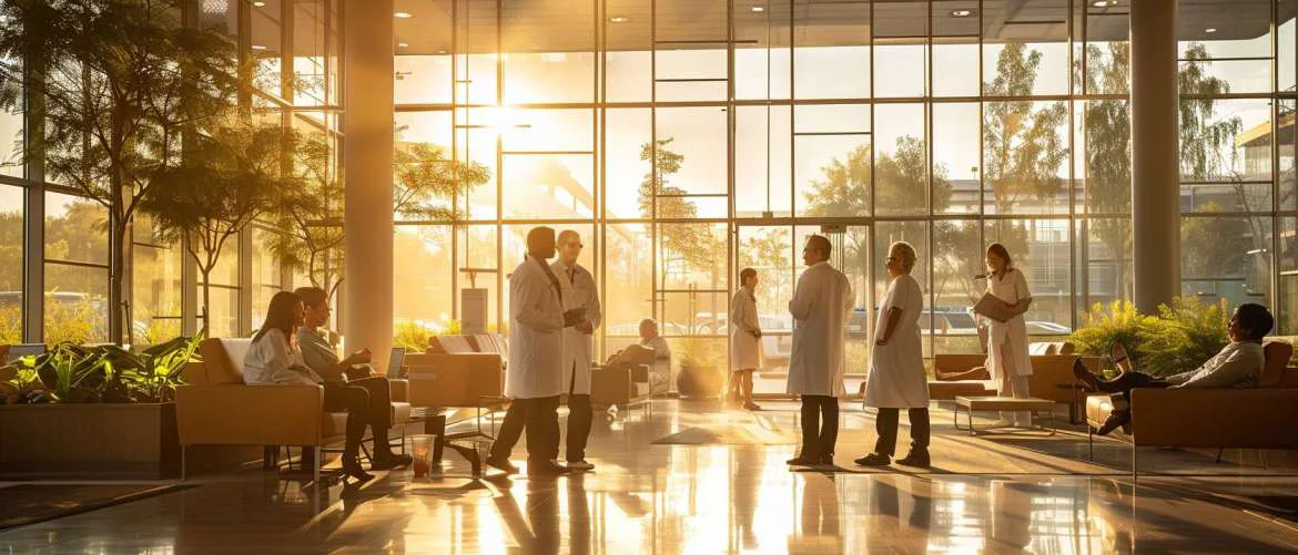 Allied healthcare professionals collaborating harmoniously amidst a scenic natural environment.