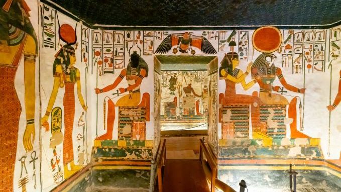 Luxor, Egypt - November 17 2022 General interior view of the lower Chambers of Tomb QV66 Queen Nefertari, with Gods Hathor, Sekhmet, and Ra Horakhty visible, in the Valley of the Queens, Luxor Egypt
