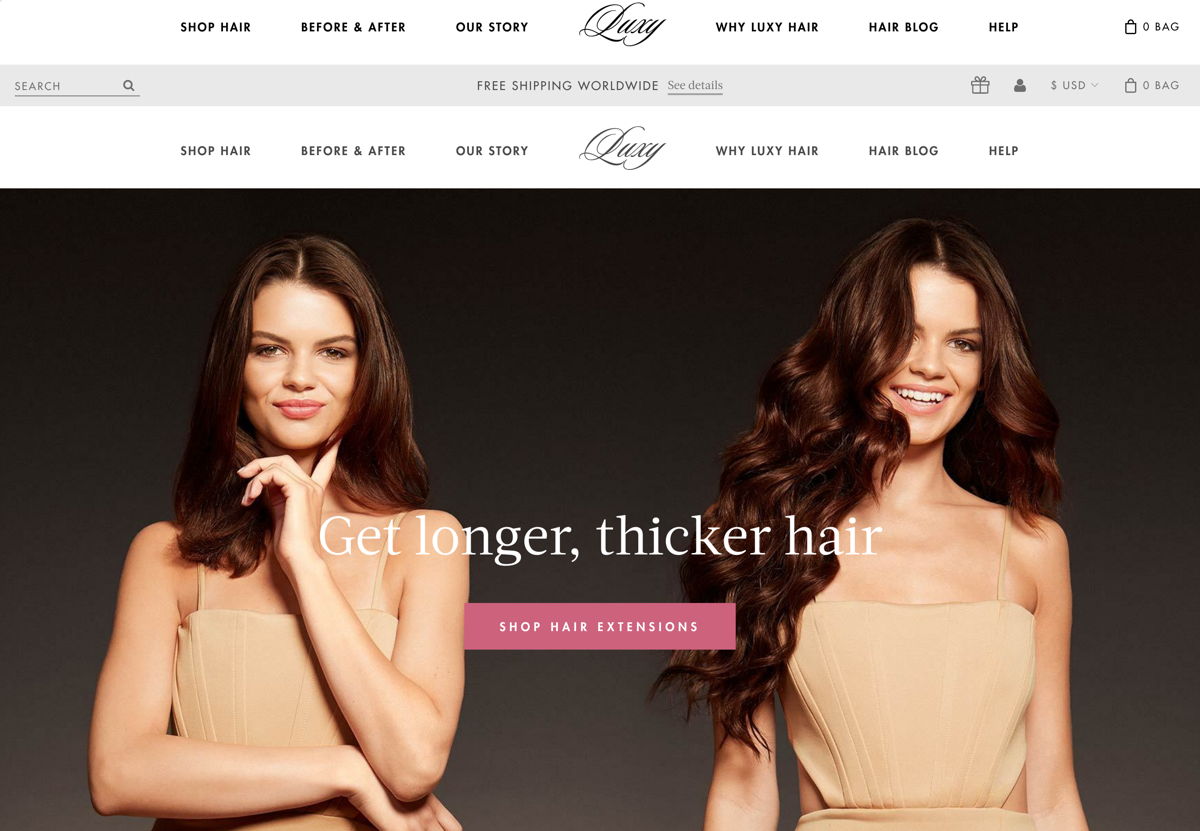 Screenshot of Luxy , from the shopify stores collection.