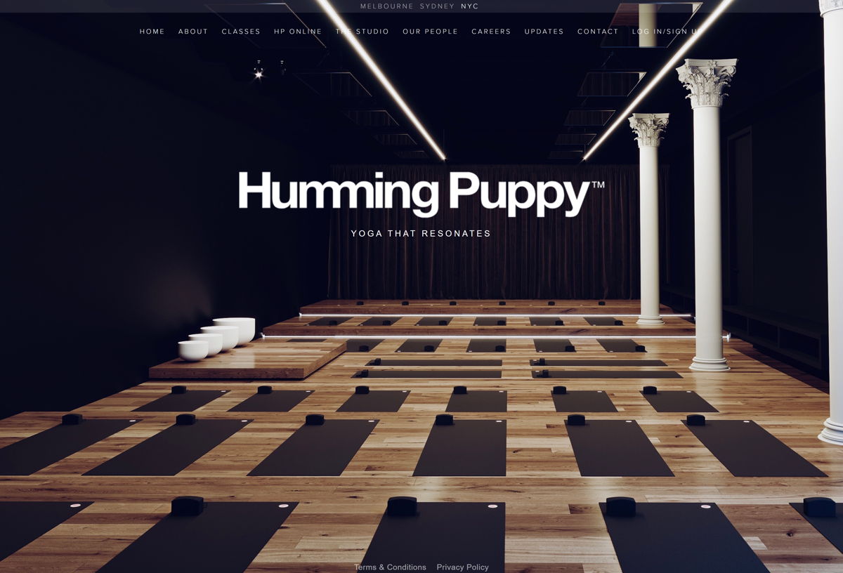 Screenshot of Humming Puppy, from the squarespace websites  collection.