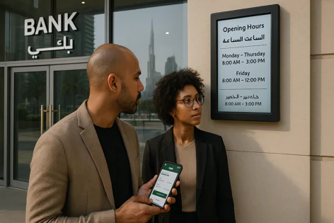 A man and woman stand outside a bank entrance, looking at a digital sign displaying opening hours. The man holds a smartphone.