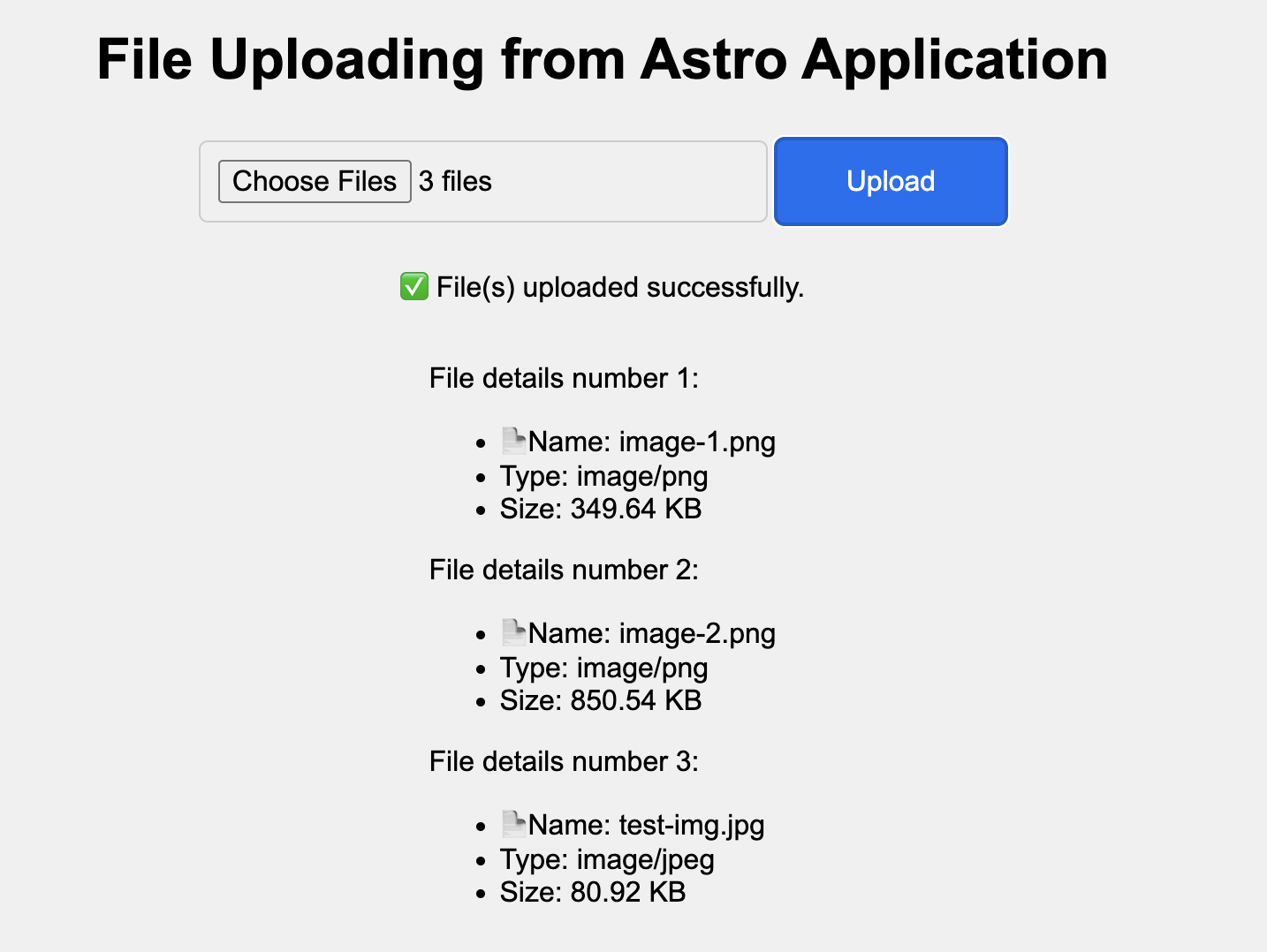 File details of files uploaded in Astro