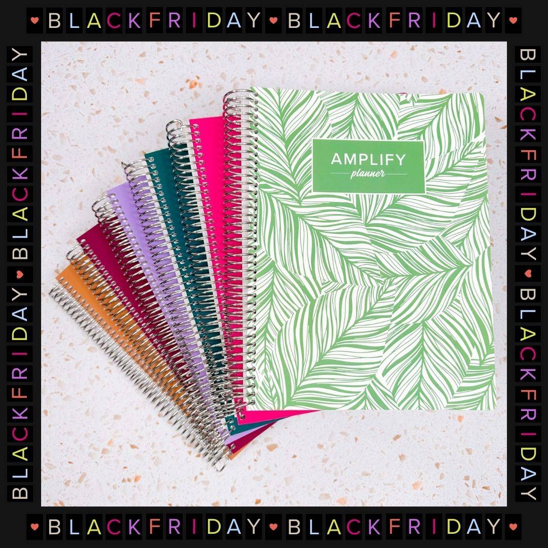 stack of 2025 weekly amplify planners with black friday frame
