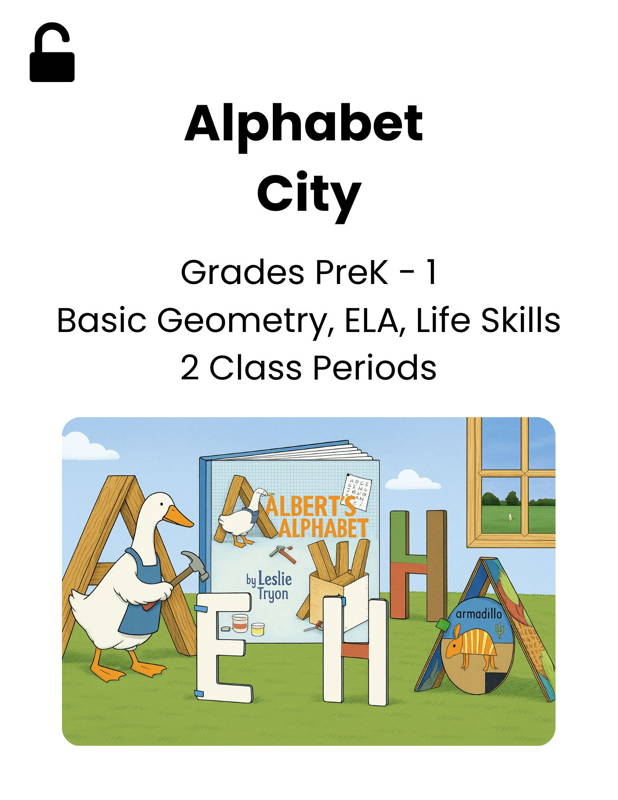 Image of an Alphabet City STEM lesson for early learners showing letters built from cardboard shapes and 3DuxDesign connectors inspired by the book Albert’s Alphabet. A playful goose character assembles letter structures while children explore basic geometry literacy and hands-on building in a PreK–1 classroom setting.