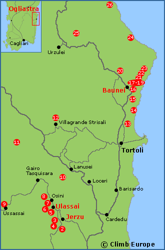 Map of the rock climbing areas in Ogliastra, including Baunei and Jerzu