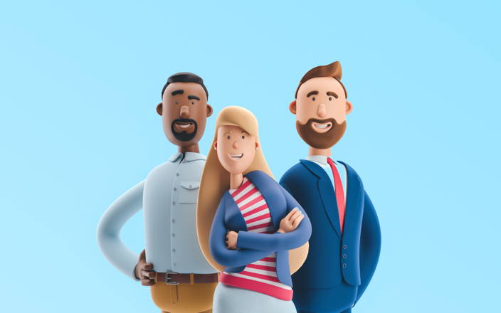 Three 3D cartoon employees smiling for Confetti's Virtual Family Feud Online Game with Teams