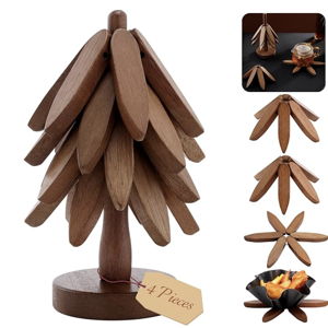 Wooden Tree Coasters with Holder, Wood Tree Coasters Set of 4, Sapele