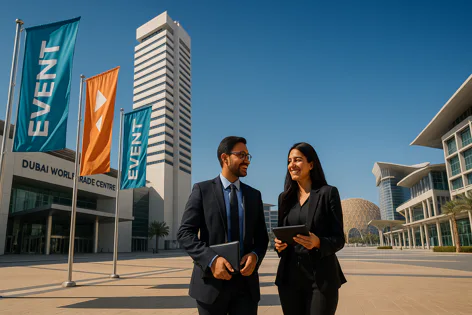 Smiling business professionals, a man and woman, walk and talk outside Dubai World Trade Centre near 'EVENT' flags, holding tablets.