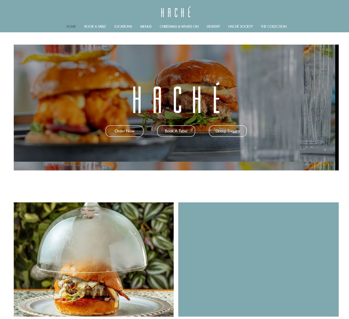 Screenshot of Haché Burgers, from the wix restaurant website examples collection.