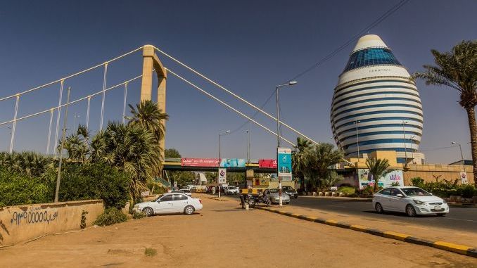 KHARTOUM, SUDAN - MARCH 7, 2019 Tuti island bridge and Corinthia Hotel in Khartoum, capital of Sudan