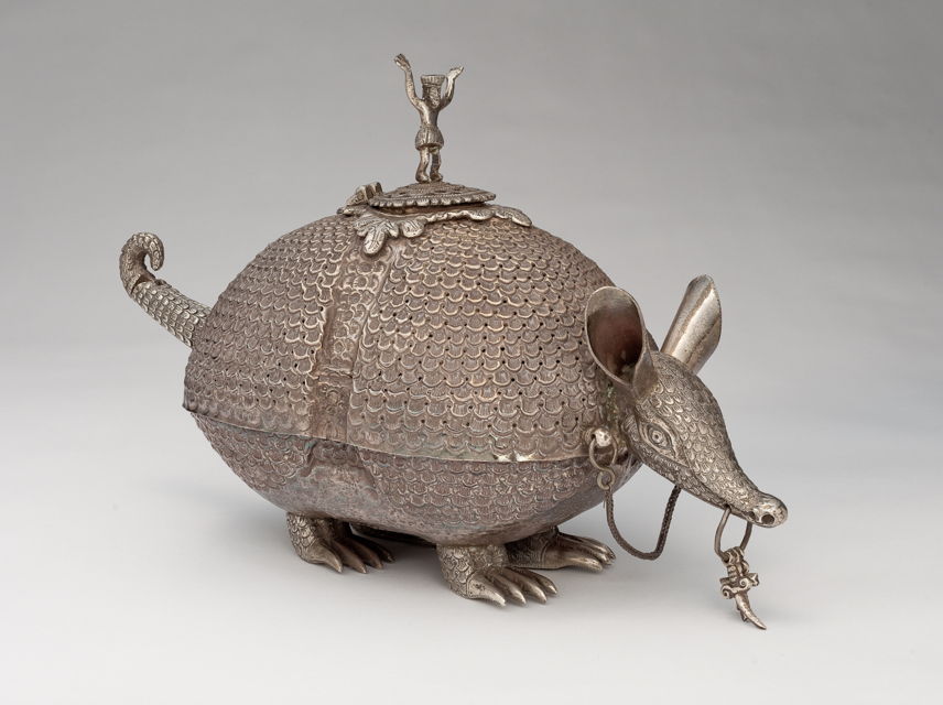 Image Title: Incense Burner in the form of an Armadillo. Peru, ca. 1800. Silver. h. 9 1/2 in. (24.1 cm); w. 14 1/2 in. (36.8 cm); d. 5 3/4 in. (14.6 cm). Museum purchase with funds provided by Dollie Cole, by exchange, 95.21.