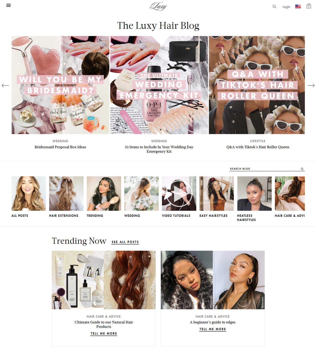 Screenshot of Luxy Hair Blog, from the shopify blog examples collection.
