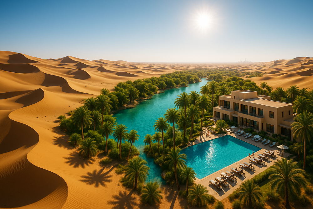 Aerial view of a vibrant desert oasis featuring a turquoise river, lush palm trees, a modern building, and a swimming pool nestled amongst vast golden sand dunes under a bright sun.