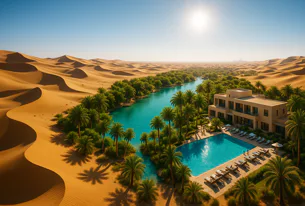 Aerial view of a vibrant desert oasis featuring a turquoise river, lush palm trees, a modern building, and a swimming pool nestled amongst vast golden sand dunes under a bright sun.