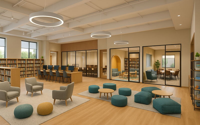 Library space with circular lighting and reading areas
