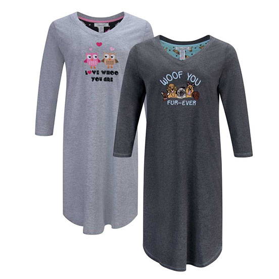 Women's 3/4 Sleeve Cotton Nightshirt in Grey Owls and Dogs pattern