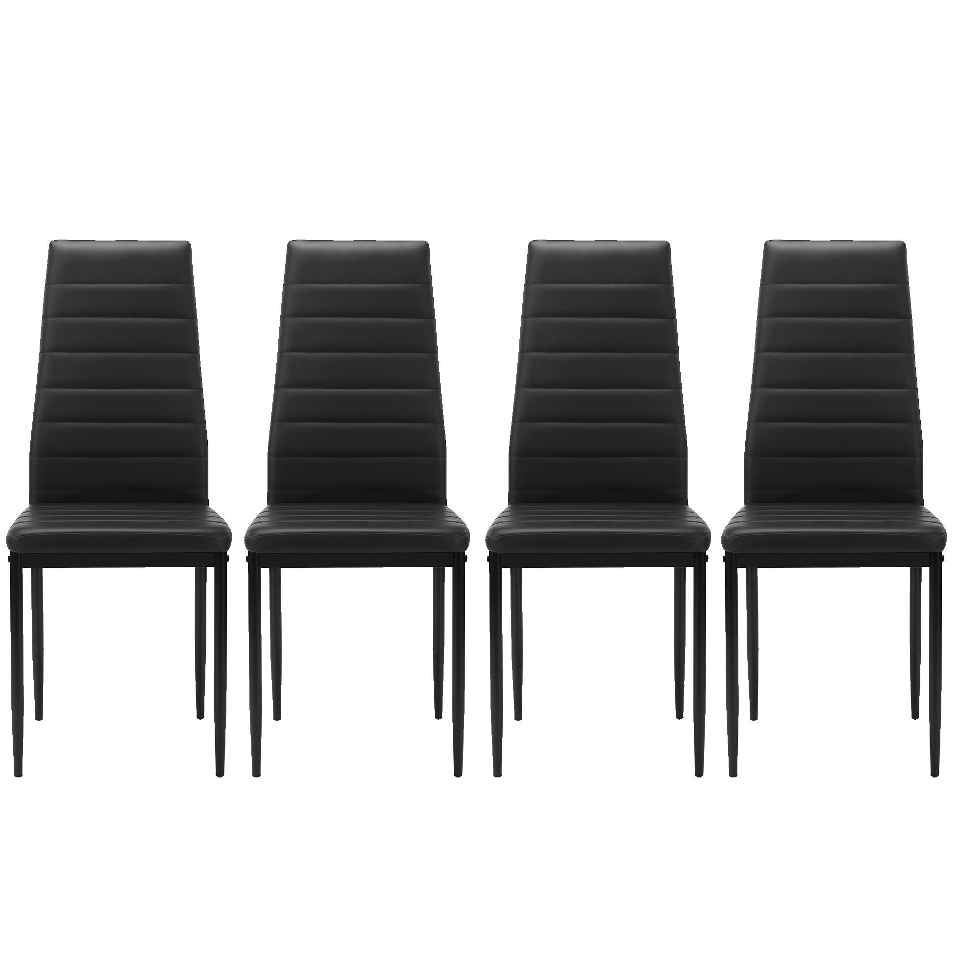 One set of four black dining chairs with a stylish, modern design. Comfortable enough for long meals and sturdy enough to last for years. Get yours today!