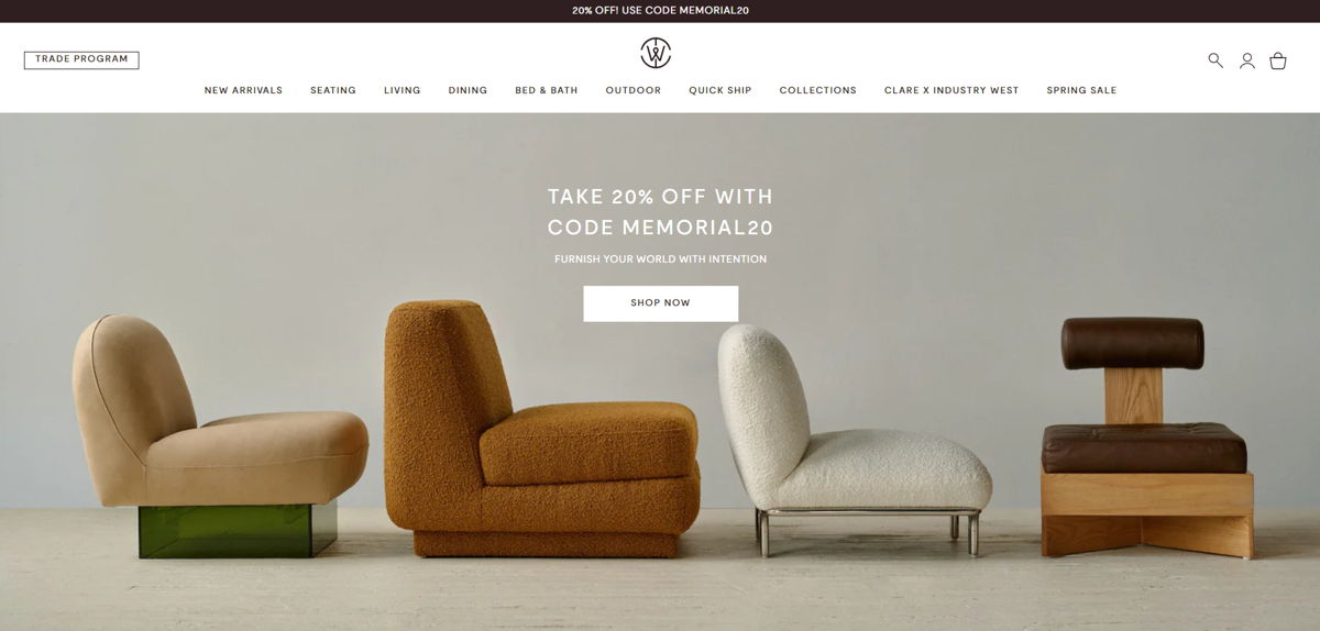 Screenshot of Industry West, from the shopify furniture stores collection.