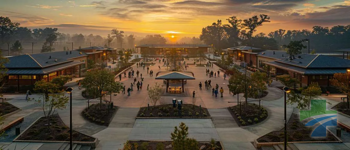 Dawn breaks over a psychiatric care facility, symbolizing new beginnings and recovery.