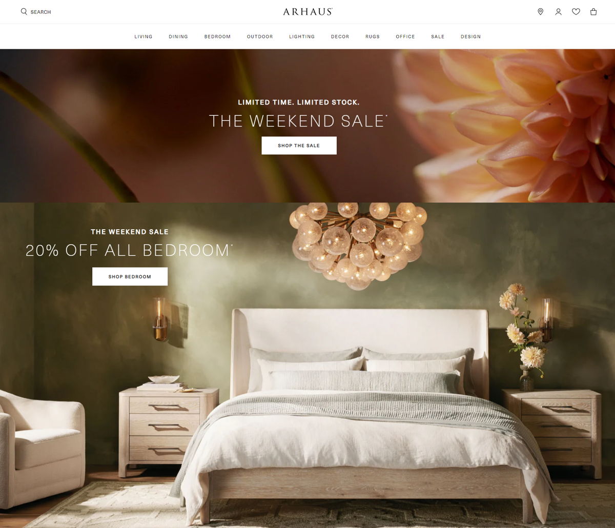 Screenshot of Arhaus, from the shopify furniture stores collection.