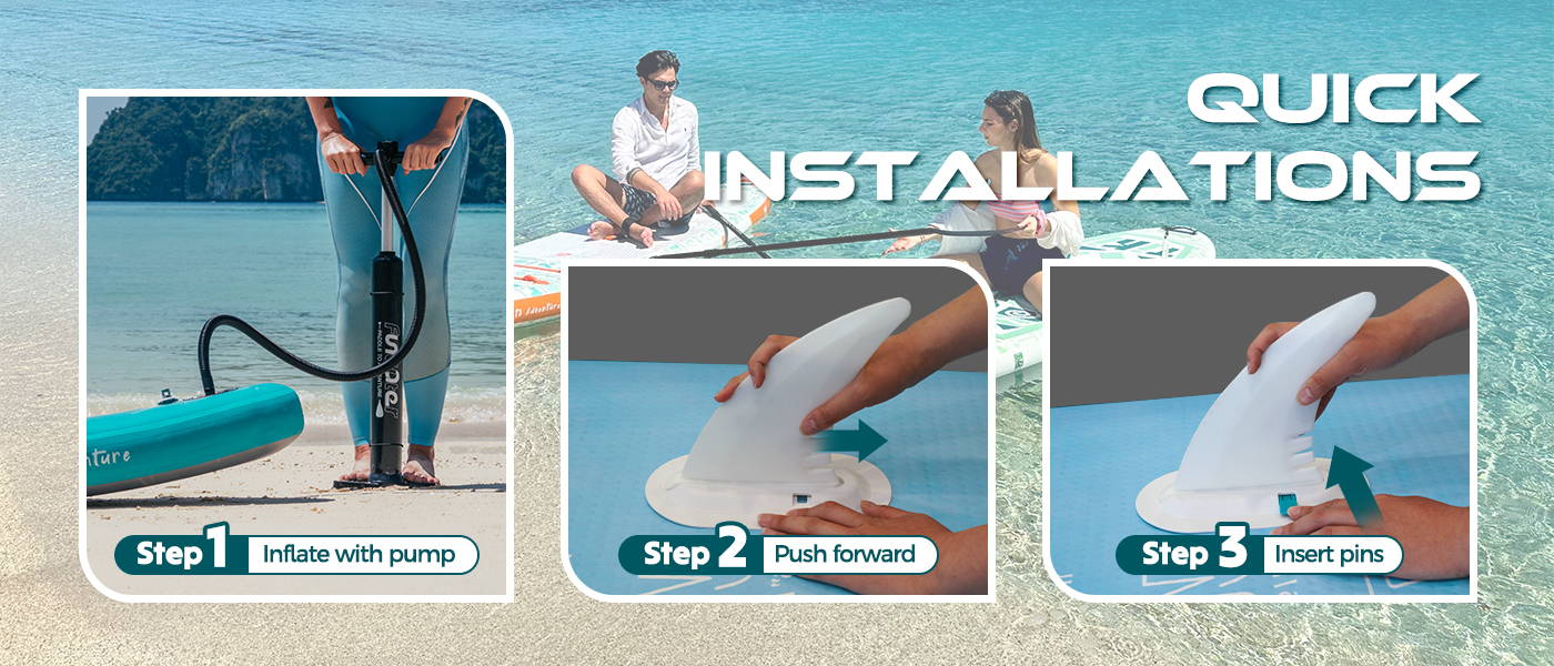 Best inflatable stand up paddle board support quick installations: inflate SUP board with pump, push paddle board fin forward, insert paddle board fin pins