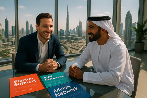 Two businessmen smiling, talking at a table with a Dubai skyline view. Cards labeled Startup Support, SME Resources, and Advisor Network are visible.