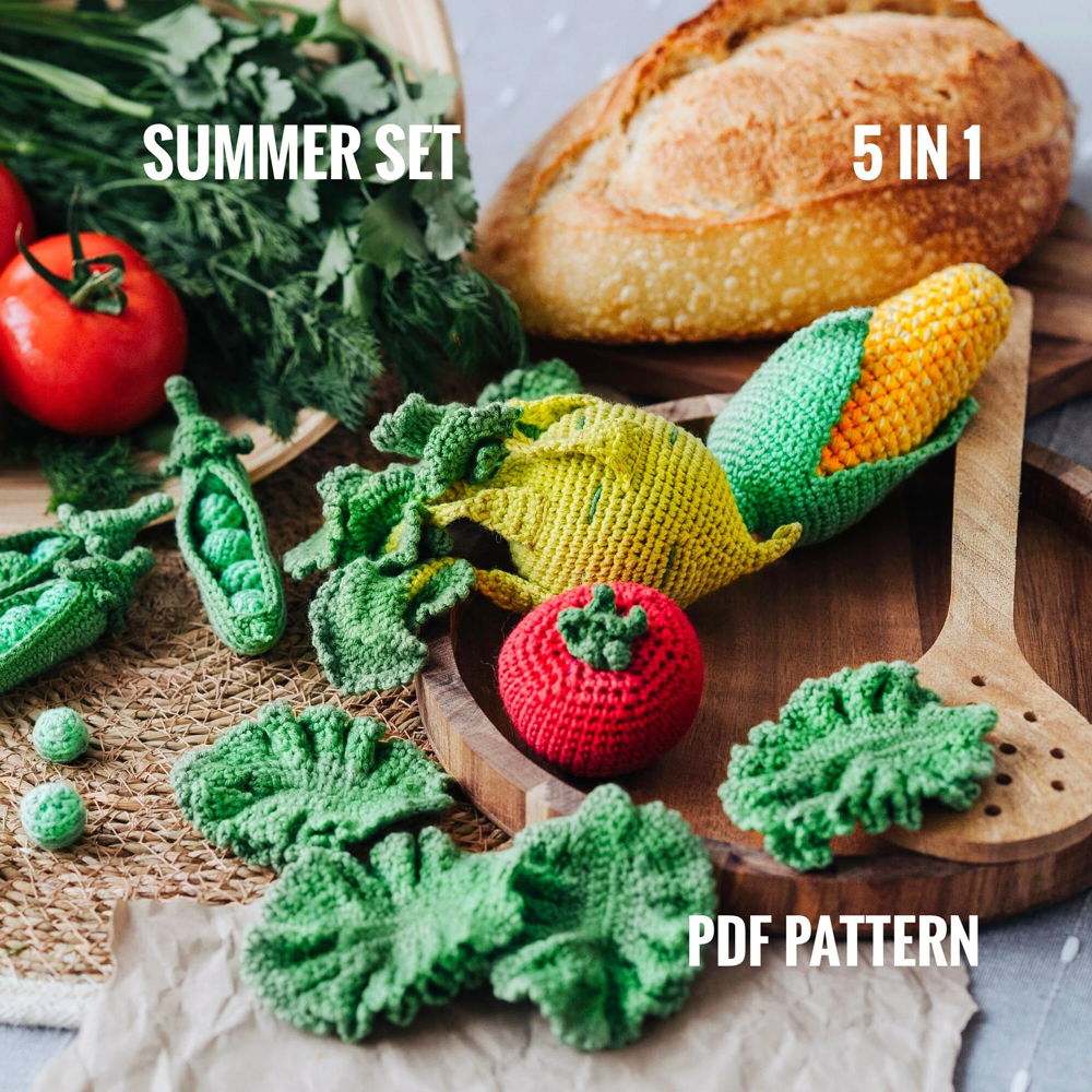VEGETAIS padrões de crochê PDF - couve-rábano, tomate, ervilhas em uma vagem, espiga de milho, alface. Conjunto Amigurumi Crochê de Verão Legumes