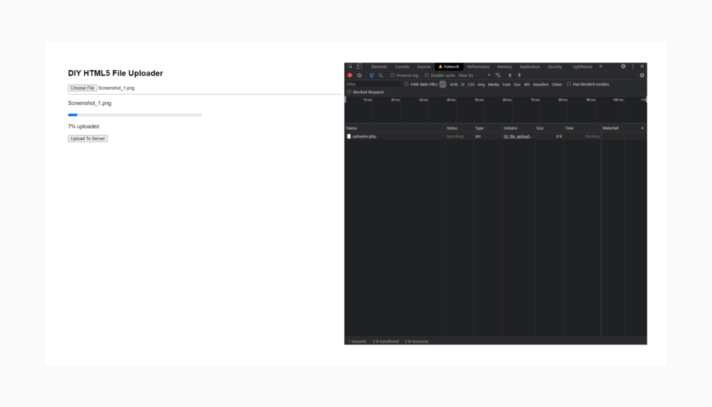 Caught the progress bar on its way to 100%. HTML5 File Uploader with a progress bar