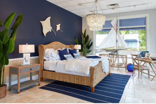 Living room with navy and white striped nautical rug