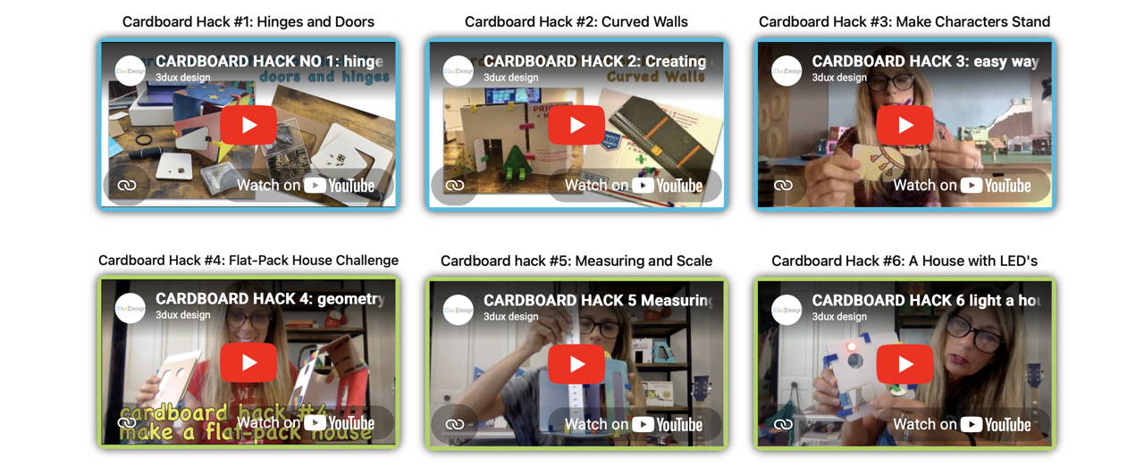 image of multiple youtube videos on cardboard construction frrom cardboard hacks library