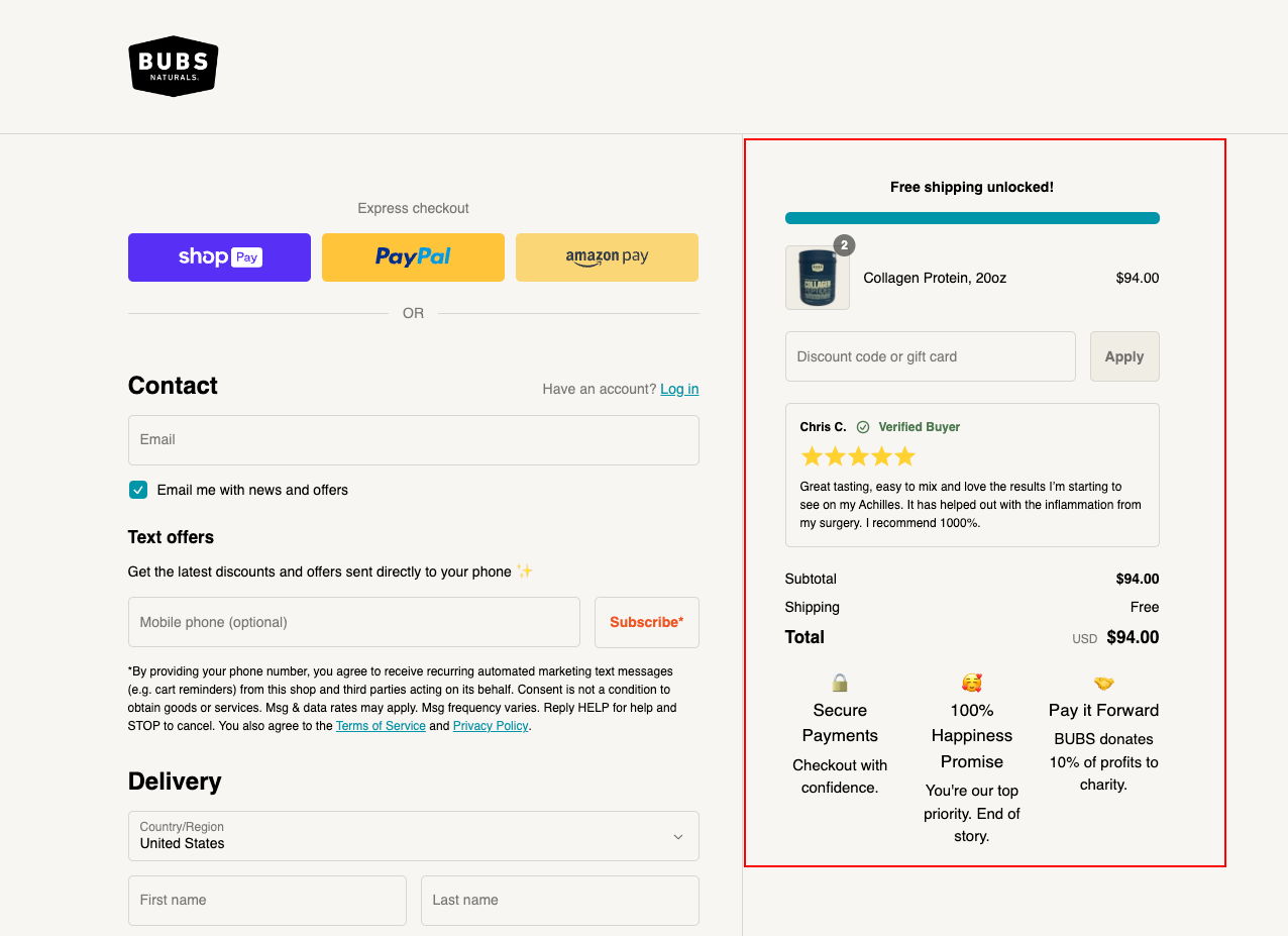 Bubs Natural one-page checkout