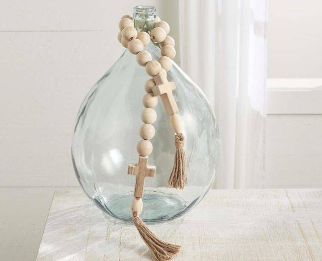 Mud Pie Glass Vase with Natural Wood Bead Garland with Cross and Tassel