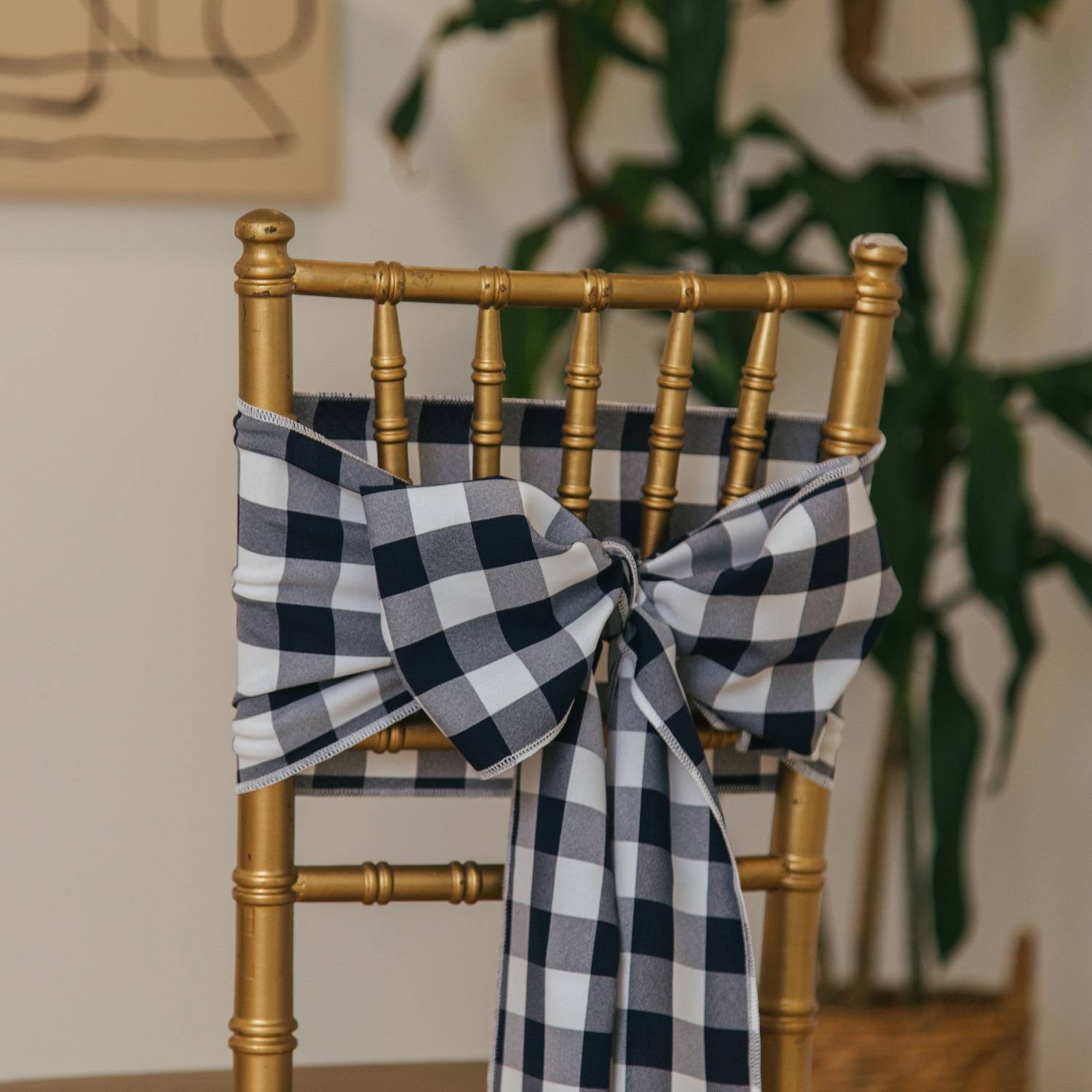 LA Linen Checkered Chair Bow, navy and white