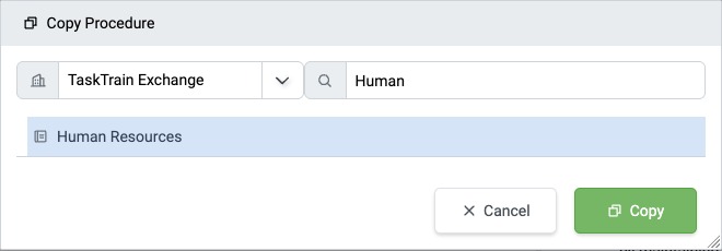 Copy Procedure dialog with a Portfolio chosen