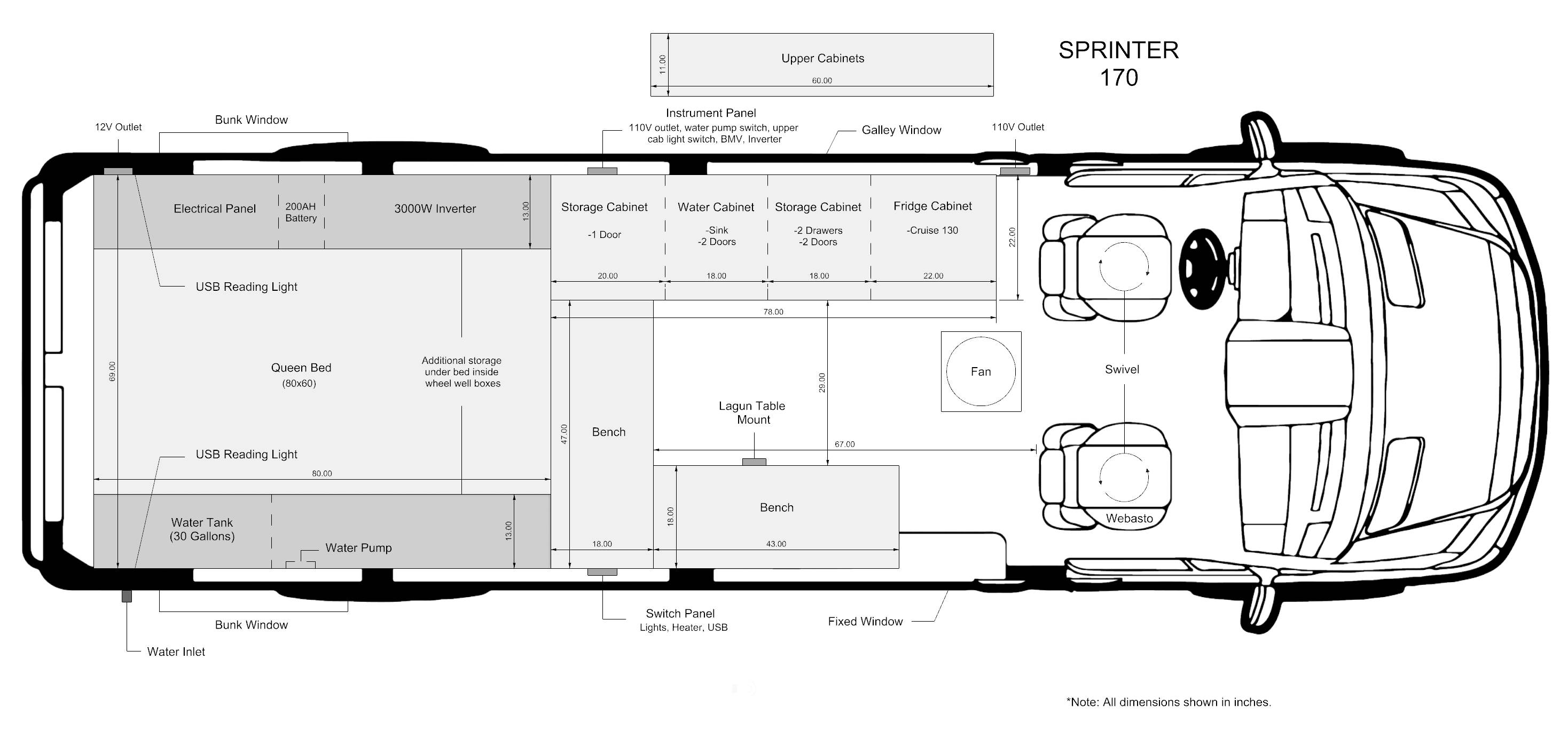 The Outpost - Mercedes Sprinter 170 Camper Van Layout and Interior Floor Plan - The Vansmith in Boulder, Colorado