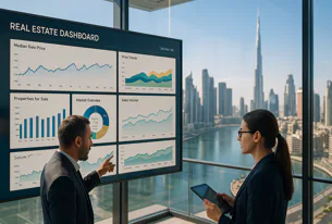 Two business professionals look at a real estate dashboard with graphs of sales, price trends, and properties, overlooking the modern Dubai city skyline.