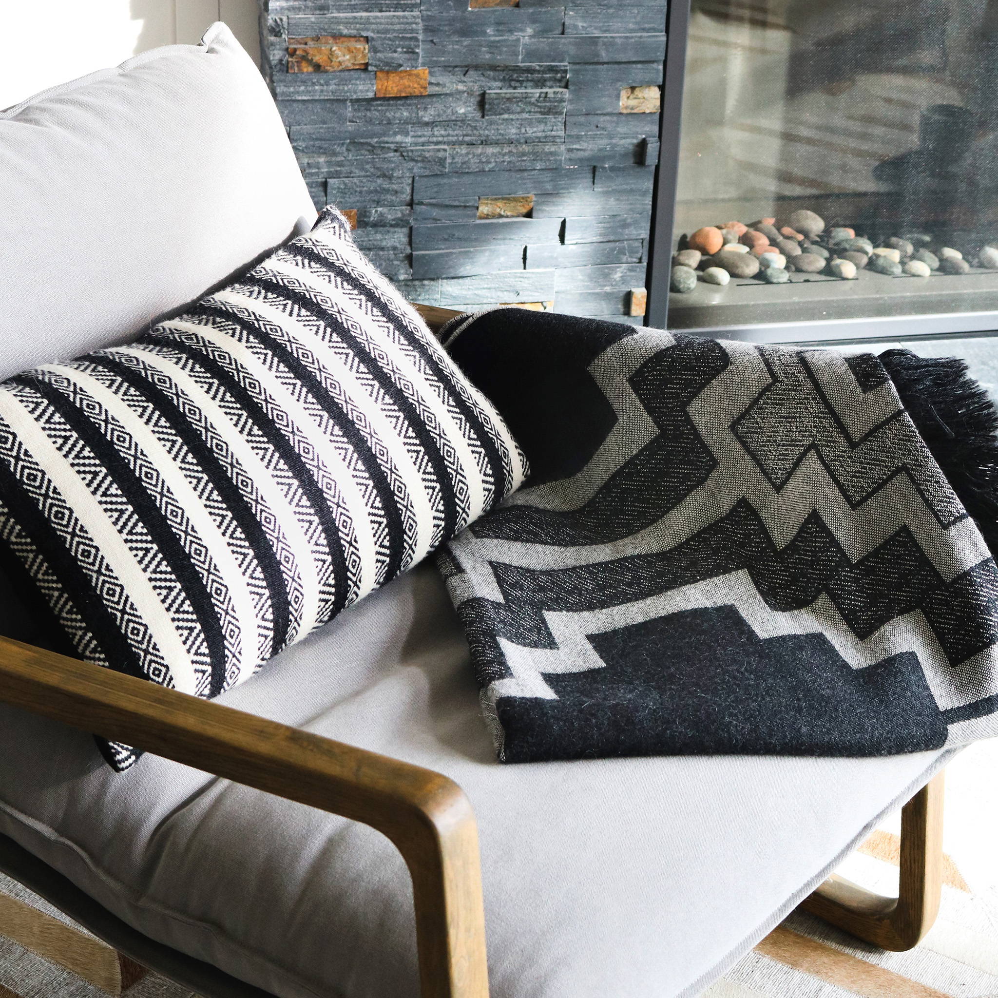 Hand-loomed Alpaca Diamond Stripe Throw Pillow & Alpaca Pampa Motif Throw Blanket - Stick & Ball 