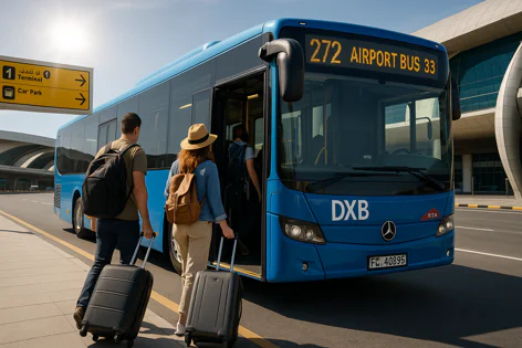 A man and woman with suitcases and backpacks board a blue airport bus displaying route 272 at Terminal 1 of DXB airport.