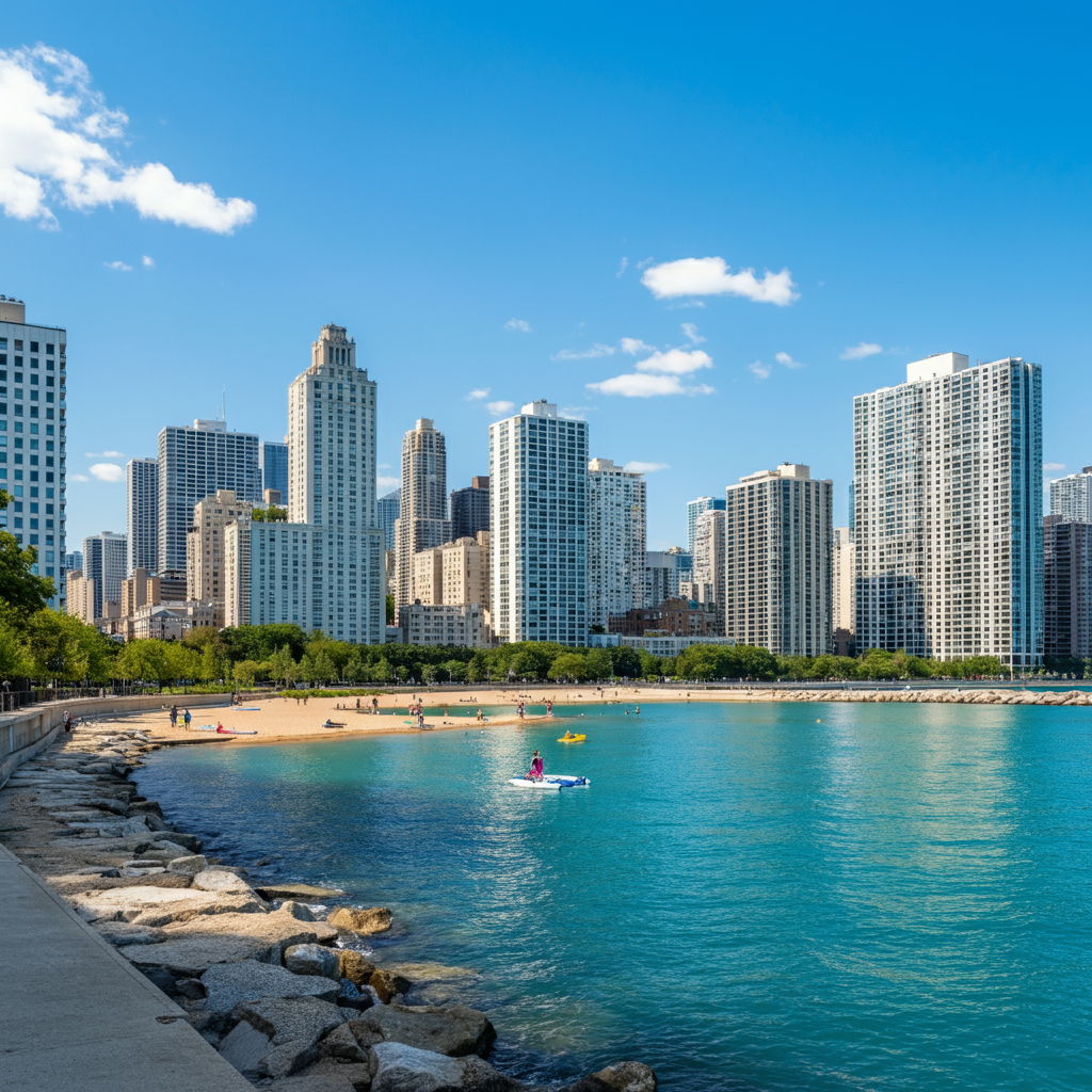 Oak Street Beach with Gold Coast's distinctive skyline in the background, showing residents enjoying waterfront recreation. The scene captures the unique urban beach access that commands premium pricing for nearby properties and attracts buyers seeking both city sophistication and natural amenities.
