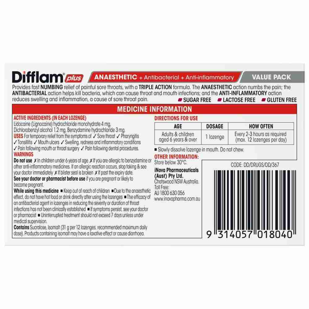 Difflam Plus Anaesthetic Sore Throat Triple Action Lozenges Berry Flavour Value Pack 32 Lozenges - Image 4