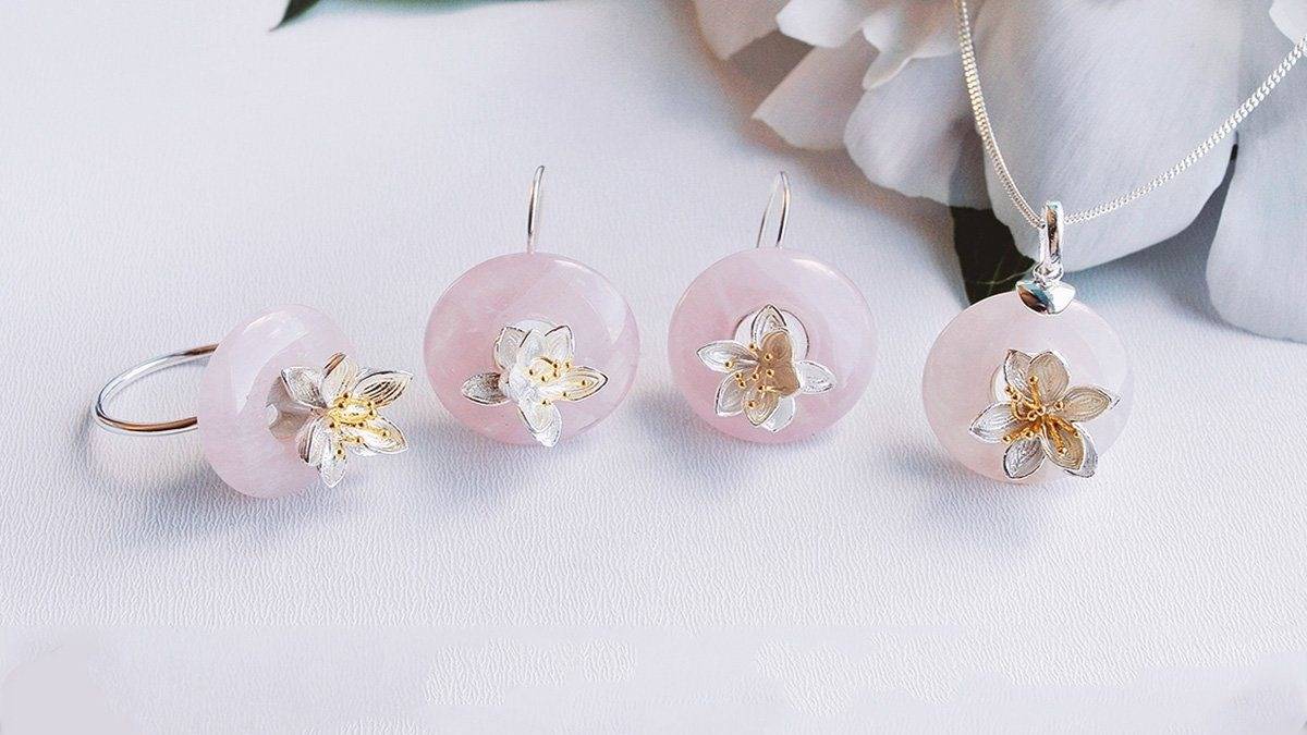 rose quartz jewelry set - lotus fun