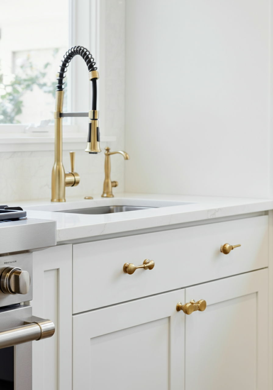 Close-up of kitchen hardware upgrades showing brushed gold cabinet pulls and a matching gooseneck faucet against white cabinetry. This simple, cost-effective change instantly modernizes the space and creates a cohesive, luxury aesthetic that appeals to Gold Coast buyers seeking refined details.