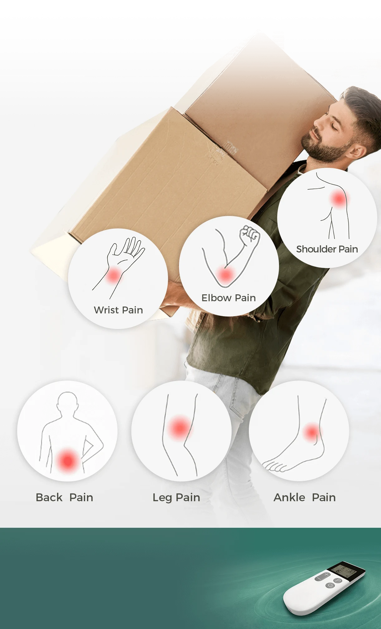 4つのワイヤレスWellue TENSポッドが同時に複数の体の部位の痛みを和らげます