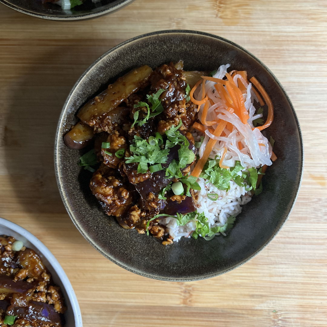 Stir-Fried Brinjal with Minced Chicken on rice and some leftover Đồ Chua