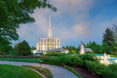Seattle Temple and grounds, including several water fountains.