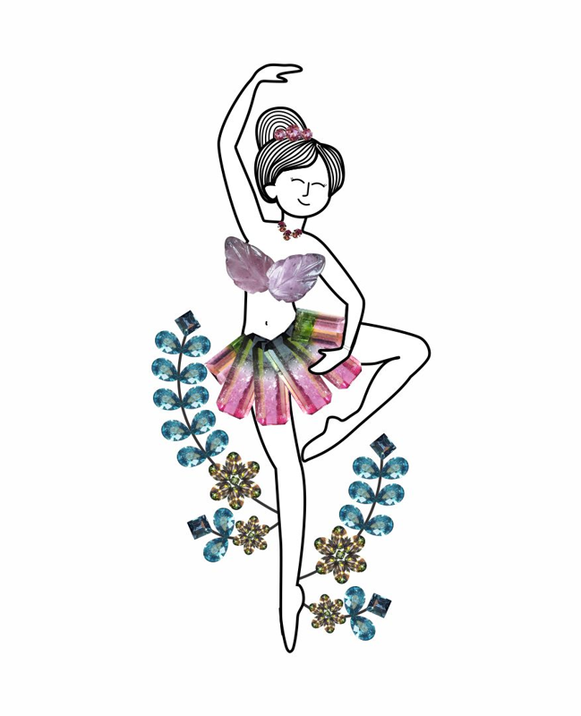 An illustration of a woman dancing in pink and green tourmaline dress