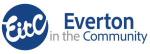Logo of Everton in the Community with a stylized EitC on a blue circle to the left and the text Everton in the Community in dark and light blue on the right.