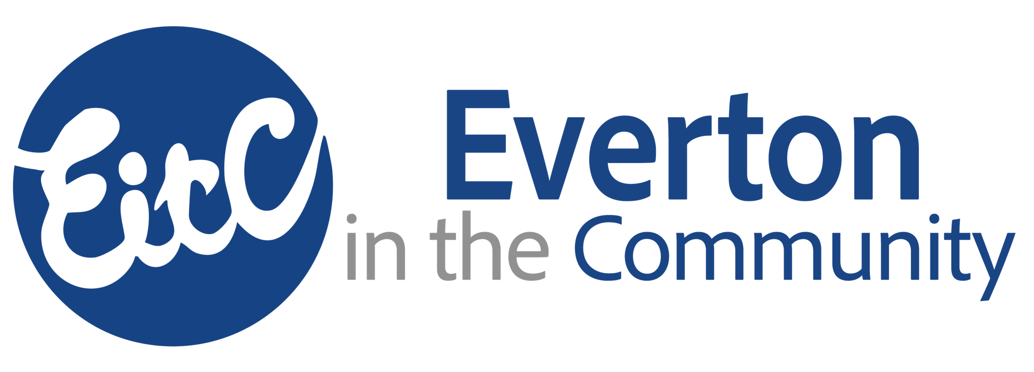 Logo of Everton in the Community with a stylized EitC on a blue circle to the left and the text Everton in the Community in dark and light blue on the right.