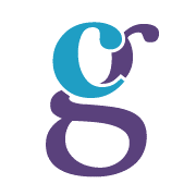 A lowercase blue g is superimposed over a larger, purple lowercase g on a white background.