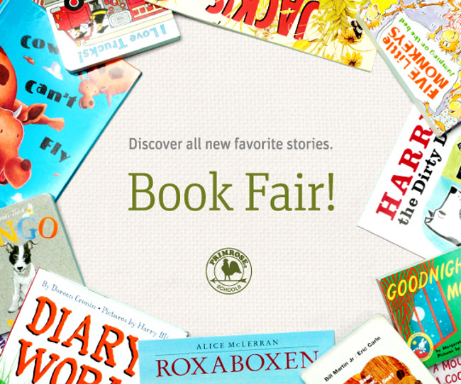 A poster for scholastic book fair depicting several children's books